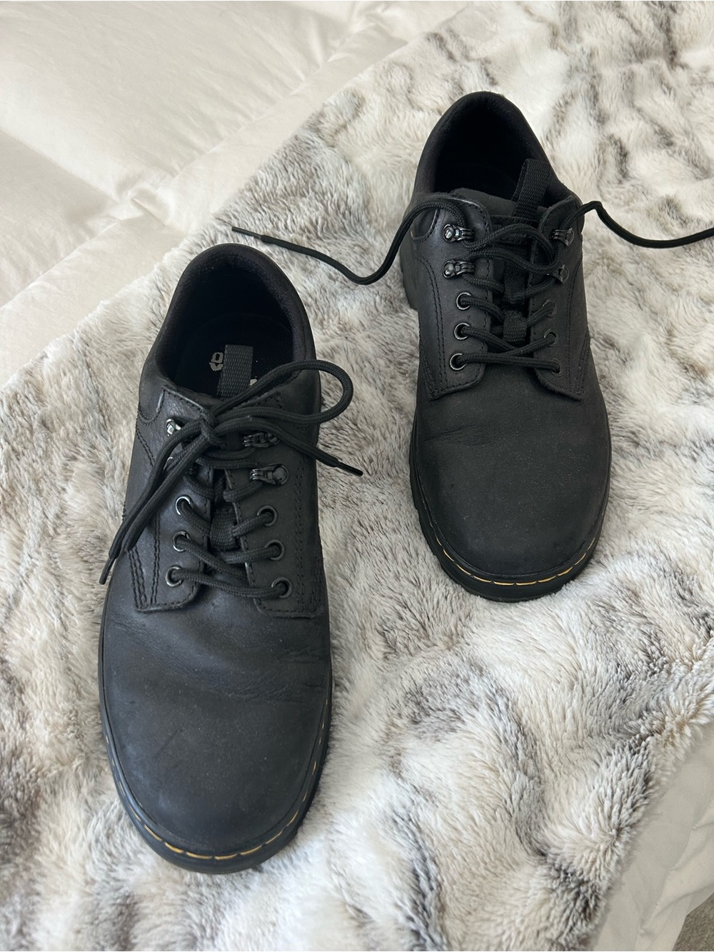 Dr. Martens Black Lace-Up Derby Shoes with Yellow Welt Stitching